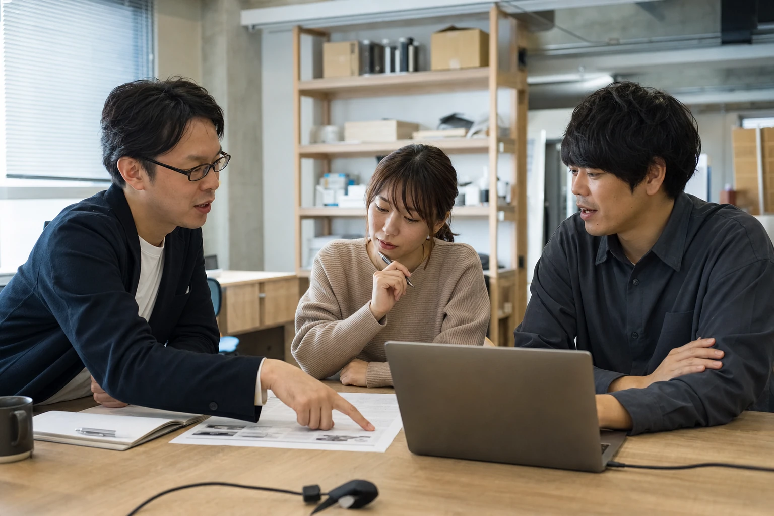 資料を囲んで意見を交わすM&Uのチームイメージ